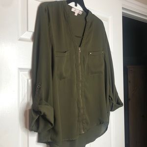 Olive Green Sheer Long Sleeve Blouse